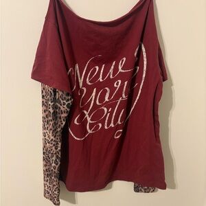 Urban Outfitters Maroon Graphic Top with Leopard Print Sleeves